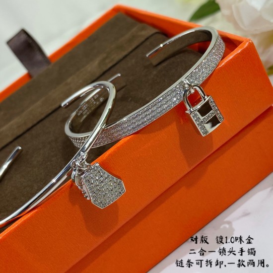 V金材质 258D80加厚版（链条可拆卸，一款两用）爱马仕二合一锁头手镯，进口高碳钻 太考验师傅的手艺了 要确保每颗钻都镶嵌好[色][色] 高端定制 ✨1:1