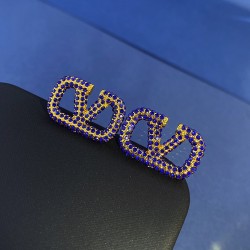 耳钉HL924800 Valentino华伦天奴新款蓝色彩钻镶嵌字母V字个性耳钉 黄铜材料电镀