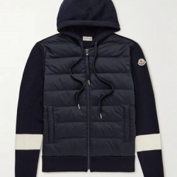 MONCLER Logo-Appliqued Striped Wool and Quilted Shell Down Hooded Zip-Up Cardigan