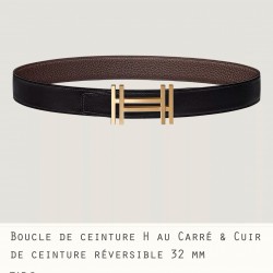 HERMES 宽度:3.2cm，两面用腰带BOUCLE DE CEINTURE H AU CARRÉ &amp;amp; CUIR DE CEINTURE RÉVERSIBLE 精致五金搭配Togo皮带身 巧克力色