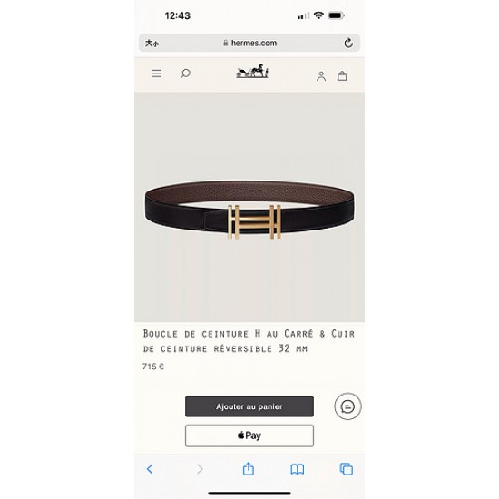 HERMES 宽度:3.2cm，两面用腰带BOUCLE DE CEINTURE H AU CARRÉ &amp;amp; CUIR DE CEINTURE RÉVERSIBLE 精致五金搭配Togo皮带身 巧克力色