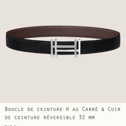 HERMES 宽度:3.2cm，两面用腰带BOUCLE DE CEINTURE H AU CARRÉ &amp;amp; CUIR DE CEINTURE RÉVERSIBLE 精致五金搭配Togo皮带身 巧克力色