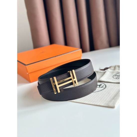 HERMES 宽度:3.2cm，两面用腰带BOUCLE DE CEINTURE H AU CARRÉ &amp;amp; CUIR DE CEINTURE RÉVERSIBLE 精致五金搭配Togo皮带身 巧克力色