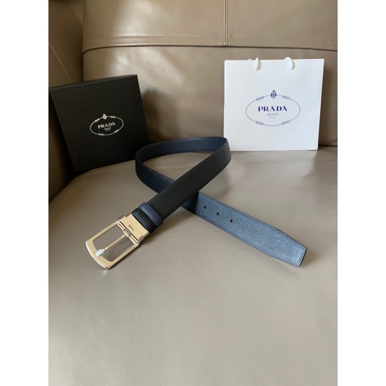 j22600 PRADA(普拉达) 专柜新款 男士双面用腰带 宽3.4cm 带身采用双面Saffiano牛皮 搭配简约旋转亮面针扣，承载着品牌象征性的图案，释放优雅与现代气息。
