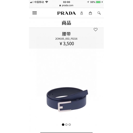 j22630 PRADA (普拉达) 专柜同款 男士商务休闲腰带 这款宽4.0cm Saffiano皮革腰带精致低调、优雅摩登。简约时尚的哑枪色金属带扣配有刻字徽标，勾勒精致细节