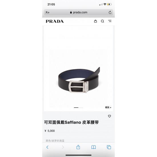 j22620 PRADA(普拉达) 专柜新款 男士双面用腰带 宽3.4cm 带身采用双面Saffiano牛皮 搭配简约旋转亮面针扣，承载着品牌象征性的图案，释放优雅与现代气息。