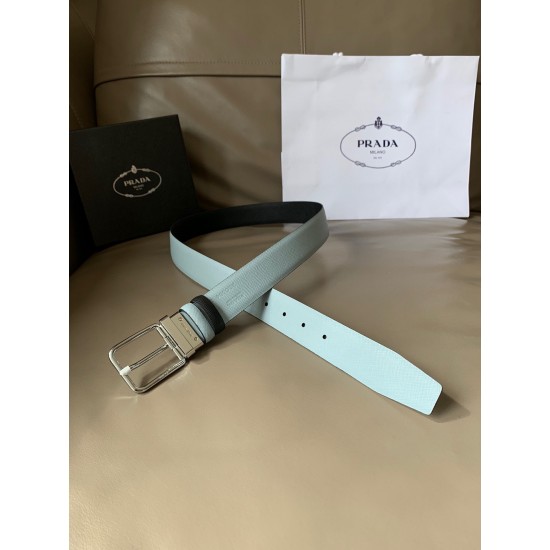 j22620 专柜新款 男士双面用腰带 黑蓝双色Saffiano牛皮 宽3.4厘米 两面穿皮带可搭配不同的服装。其抛光钢带扣 是理想的礼品之选。