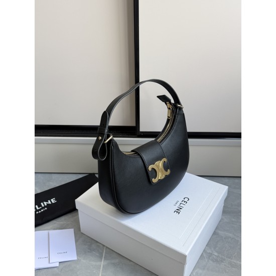 360 AVA moon bag black calf leather lining anti-brushed cowhide hardware using pairs of zp real thick gold plating technology crescent moon bag type with triumphal arch large gold buckle embellishment simple hundred with a sense of high class pull full te
