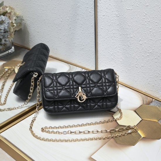 200 WITH BOX LADY DIOR MOBILE POUCH Black with gold claspThe Lady Dior cell phone pouch is elegantly crafted in creamy white sheepskin with a rattan check pattern and a removable light gold finish metal DIOR charm with a detachable chain decorated with re