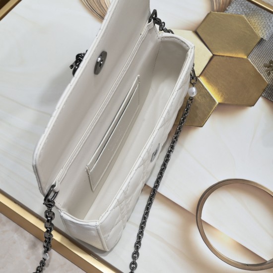 200 WITH BOX LADY DIOR MOBILE PHONE POUCH WHITE GUN CLOSURE This Lady Dior cell phone pouch is elegantly crafted in creamy white sheepskin leather with a rattan check pattern and a removable light gold-tone metal DIOR charm with a detachable chain adorned