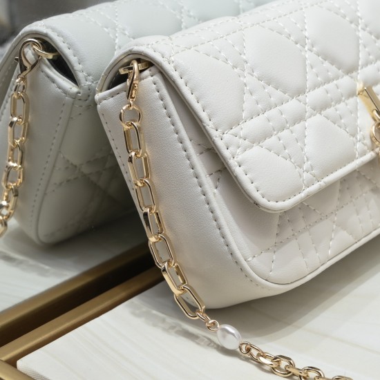 200 WITH BOX LADY DIOR MOBILE PHONE POUCH WHITE GOLD BUCKLE This Lady Dior cell phone pouch is elegantly crafted in creamy white sheepskin leather with a rattan check pattern and a removable light gold finish metal DIOR charm with a detachable chain adorn