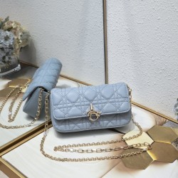 200 WITH BOX LADY DIOR MOBILE PHONE POUCH BLUE GOLD BUCKLE This Lady Dior cell phone pouch is elegantly crafted in creamy white sheepskin leather with rattan check pattern and removable light gold finish metal DIOR charm and detachable chain with resin be