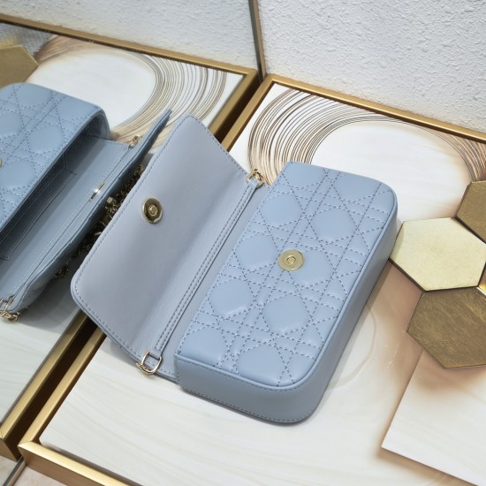 200 WITH BOX LADY DIOR MOBILE PHONE POUCH BLUE GOLD BUCKLE This Lady Dior cell phone pouch is elegantly crafted in creamy white sheepskin leather with rattan check pattern and removable light gold finish metal DIOR charm and detachable chain with resin be