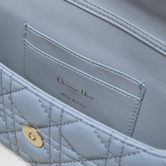 200 WITH BOX LADY DIOR MOBILE PHONE POUCH BLUE GOLD BUCKLE This Lady Dior cell phone pouch is elegantly crafted in creamy white sheepskin leather with rattan check pattern and removable light gold finish metal DIOR charm and detachable chain with resin be