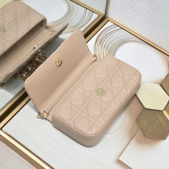 200 WITH BOX LADY DIOR MOBILE POUCH Almond with gold claspThis Lady Dior cell phone pouch is elegantly crafted in creamy white sheepskin leather with rattan check pattern and removable light gold finish metal DIOR charm with detachable chain with resin be
