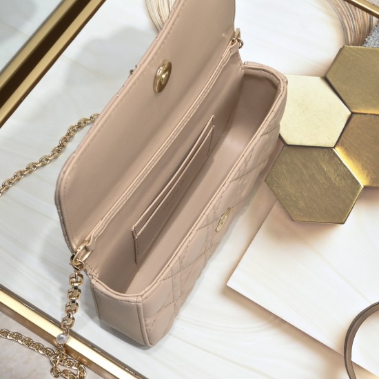 200 WITH BOX LADY DIOR MOBILE POUCH Almond with gold claspThis Lady Dior cell phone pouch is elegantly crafted in creamy white sheepskin leather with rattan check pattern and removable light gold finish metal DIOR charm with detachable chain with resin be