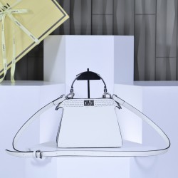 350 model 33208 the iconic peekaboo iseeu ideal compact handbag is hand stitched with 306 stitches in the same color with large bright threads representing traditional selleria craftsmanship in a selection of dove grey cuoio romano leather with signature 