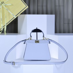 360 model 33208 the iconic peekaboo iseeu ideal compact handbag is hand stitched with 306 stitches in the same color with large bright threads representing traditional selleria craftsmanship in a selection of dove grey cuoio romano leather with signature 