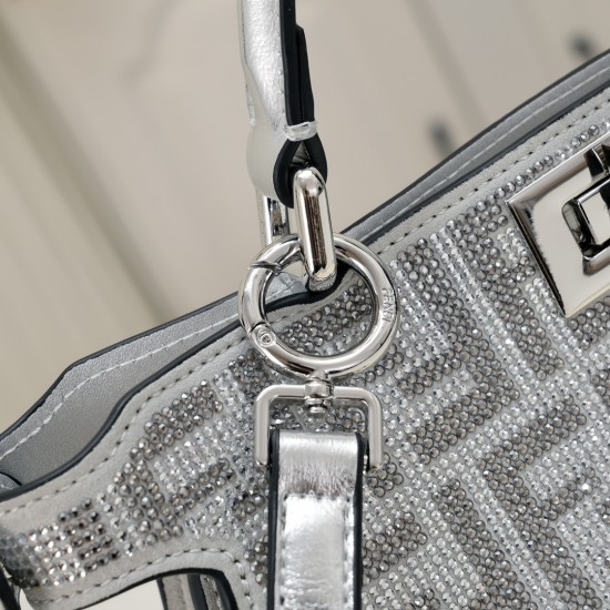 270 Model 7733 Medium Double F Diamond Kitten Bag Fendi Peekaboo ISeeU Petite Kitten Bag Silver Faux Crystals FF Pattern Iconic Peekaboo ISeeU Bag Compact and attractive suede with full width embellishment of small faux crystals and multi-faceted studs in