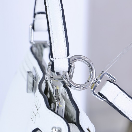 350 model 33208 the iconic peekaboo iseeu ideal compact handbag is hand stitched with 306 stitches in the same color with large bright threads representing traditional selleria craftsmanship in a selection of dove grey cuoio romano leather with signature 