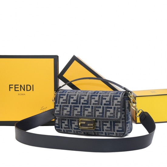 Launched in 1997, the 230FEND1 Iconic Medium Baguette Baguette has become a trend-setting IT bag. Versatile and classic, this bag features the iconic underarm design inspired by the baguette, hence its name, in chenille with the iconic FF motif in navy gr