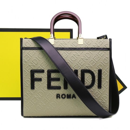 Lot 330FEND1 Sunshine medium tote bag in denim with FENDI Mirror pattern all over brown hard leather handles decorated with FENDI ROMA features spacious lined interior compartments with leather silhouette and gold-tone finish metal pieces with two carry h