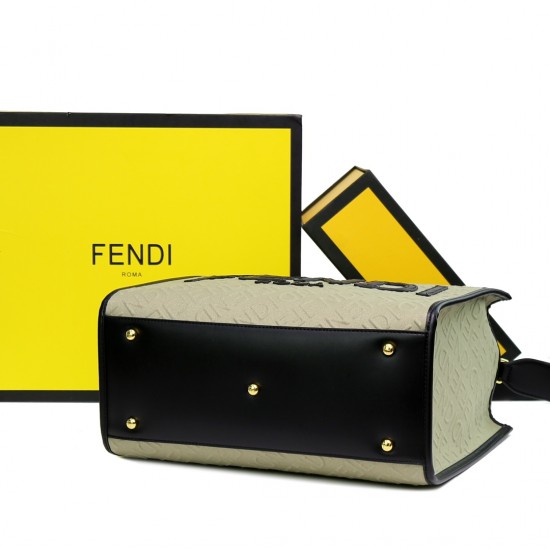 Lot 330FEND1 Sunshine medium tote bag in denim with FENDI Mirror pattern all over brown hard leather handles decorated with FENDI ROMA features spacious lined interior compartments with leather silhouette and gold-tone finish metal pieces with two carry h