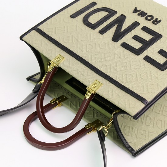 Lot 330FEND1 Sunshine medium tote bag in denim with FENDI Mirror pattern all over brown hard leather handles decorated with FENDI ROMA features spacious lined interior compartments with leather silhouette and gold-tone finish metal pieces with two carry h