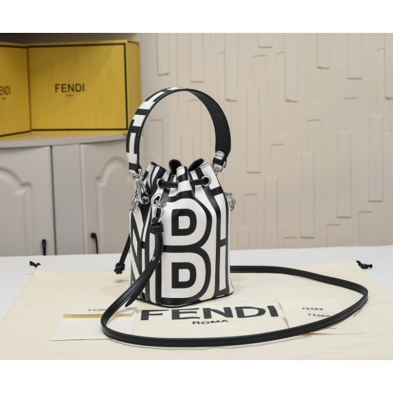 170 Model No. 8950Fendi Roma capsule collectionTwo-tone print Mon Tresor small bucket bag in black and whiteFendi Roma logo reinterpreted by Marc Jacobs in a full-length oversized shapeLined interior and silver-tone finishMetal pieces with Fendi Roma Marc
