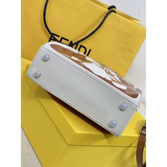 Upgraded Cowhide 390 with BoxFendi's new iconic Peekaboo pouch in black canvas and patent leather is engraved with a rose motif displaying a natural canvas backgroundThe sides are decorated with a signature twist lockTwo compartments are lined with canvas