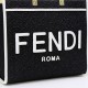With 330FEND1 SunshineMedium tote bag in denimDenim with FENDI Mirror pattern on all sidesHard brown leather handles with FENDI ROMA letteringFeatures spacious lined interior compartmentsLeather silhouette and gold-tone finishMetal hardwareFeatures two ca