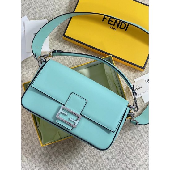 The new Fendi X TiffanyCo Limited Edition Baguette is a classic medium-sized baguette bag made of classic Tiffany BlueTM smooth cowhide leather. The FF hook and loop closure is made of sterling silver with Tiffany BlueTM3 enamel detailing depicting the do