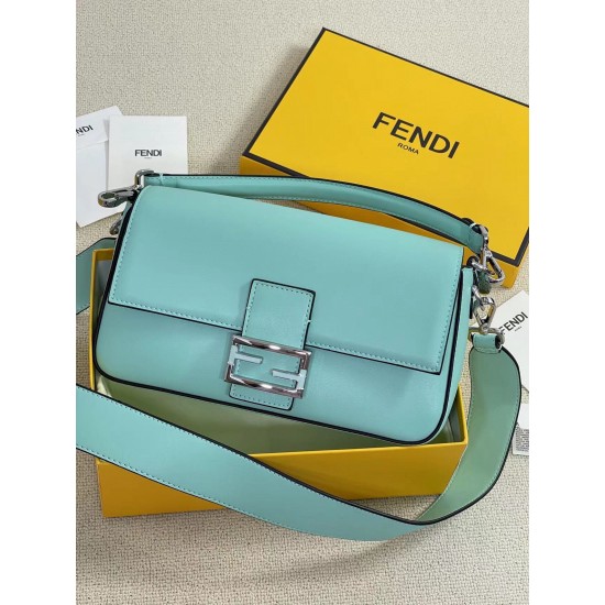 The new Fendi X TiffanyCo Limited Edition Baguette is a classic medium-sized baguette bag made of classic Tiffany BlueTM smooth cowhide leather. The FF hook and loop closure is made of sterling silver with Tiffany BlueTM3 enamel detailing depicting the do