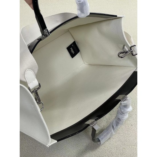 Upgraded batch 430 again arrived Sunshine Medium Tote patent leather engraved with FENDI ROMA display natural canvas backing brown plexiglass hard hand FI TOTE Tote Sunshine Tote simple letters LOGO design single twisted on the very aura also does not str