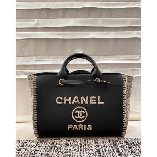 1200 Chanel coco beach bag black cow weave beach bag 34cm classic stunning