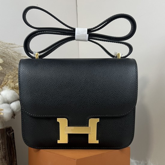 HERMES Constance Stewardess Bag New with Mirror 19 Kang Kang Black Gold Buckle High-end Quality Epsom Cowhide Leather Handmade Waxed Line Shoulder Crossbody Mini Size 19154cm In stock Lot 700