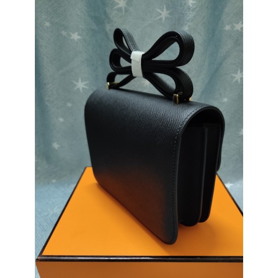 Black constance Kang Kang Flight Attendant Bag 19cm 23cm Original epsom leather Gold and silver buckles Half hand-sewn stitching Waxed batch 700