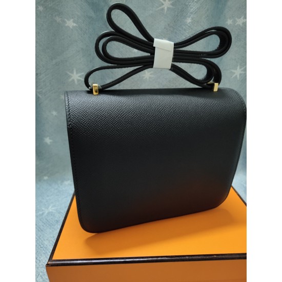 Black constance Kang Kang Flight Attendant Bag 19cm 23cm Original epsom leather Gold and silver buckles Half hand-sewn stitching Waxed batch 700