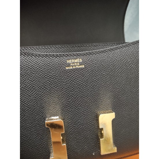 Black constance Kang Kang Flight Attendant Bag 19cm 23cm Original epsom leather Gold and silver buckles Half hand-sewn stitching Waxed batch 700