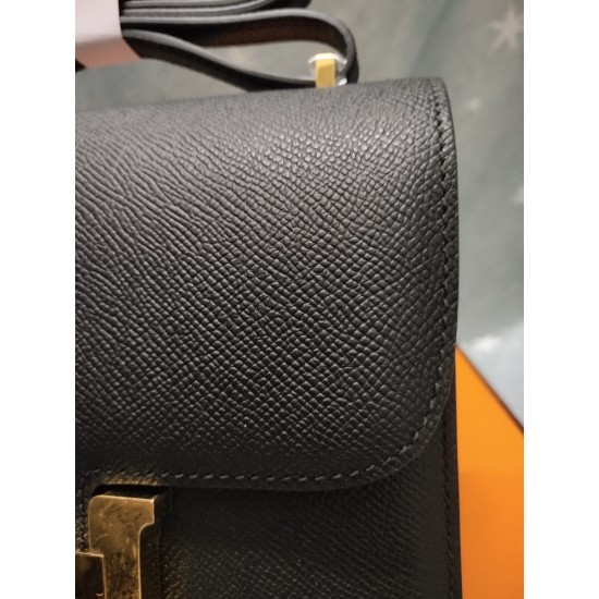 Black constance Kang Kang Flight Attendant Bag 19cm 23cm Original epsom leather Gold and silver buckles Half hand-sewn stitching Waxed batch 700