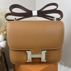 HERMES Constance Stewardess Bag New with Mirror 19 Kang Kang Golden Brown Silver Buckle High-end Quality Epsom Cowhide Leather Handmade Waxed Line Shoulder Crossbody Mini Size 19154cm In stock Lot 700
