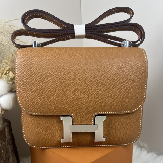 HERMES Constance Stewardess Bag New with Mirror 19 Kang Kang Golden Brown Silver Buckle High-end Quality Epsom Cowhide Leather Handmade Waxed Line Shoulder Crossbody Mini Size 19154cm In stock Lot 700