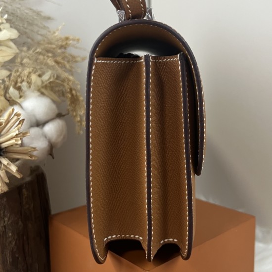 HERMES Constance Stewardess Bag New with Mirror 19 Kang Kang Golden Brown Silver Buckle High-end Quality Epsom Cowhide Leather Handmade Waxed Line Shoulder Crossbody Mini Size 19154cm In stock Lot 700