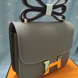 Elephant Gray constance Kang Kang Stewardess Bag 19cm 23cm Original epsom Leather Gold and Silver Buckle Half Hand Sewing Sewing Waxed Lot 700