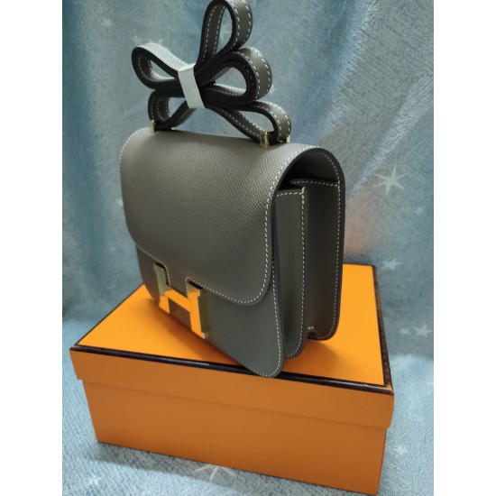 Elephant Gray constance Kang Kang Stewardess Bag 19cm 23cm Original epsom Leather Gold and Silver Buckle Half Hand Sewing Sewing Waxed Lot 700