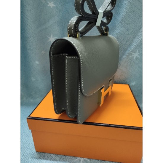 Elephant Gray constance Kang Kang Stewardess Bag 19cm 23cm Original epsom Leather Gold and Silver Buckle Half Hand Sewing Sewing Waxed Lot 700