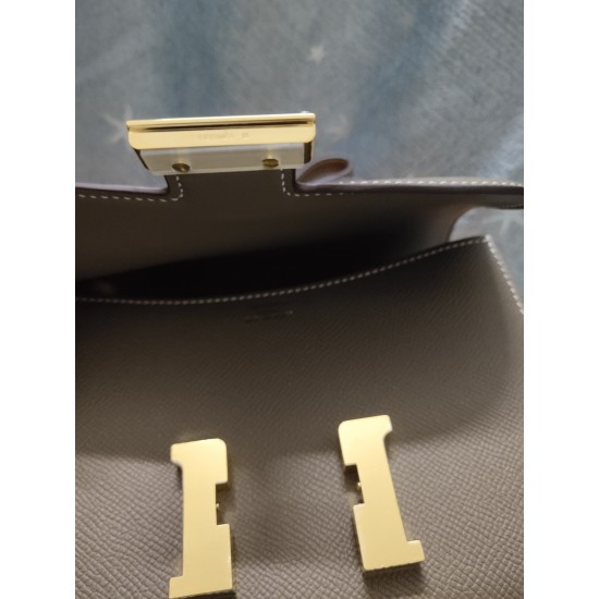 Elephant Gray constance Kang Kang Stewardess Bag 19cm 23cm Original epsom Leather Gold and Silver Buckle Half Hand Sewing Sewing Waxed Lot 700