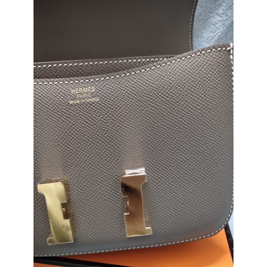 Elephant Gray constance Kang Kang Stewardess Bag 19cm 23cm Original epsom Leather Gold and Silver Buckle Half Hand Sewing Sewing Waxed Lot 700