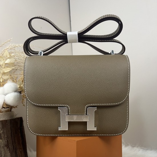 HERMES Constance Stewardess Bag New with Mirror 19 Kang Kang Elephant Gray Silver Buckle High-end Quality Epsom Cowhide Leather Handmade Waxed Thread Shoulder Crossbody Bag Mini Size 19154cm In stock Lot 700