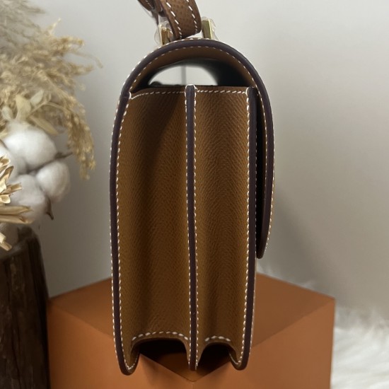 HERMES Constance Stewardess Bag New with Mirror 19 Kang Kang Golden Brown Gold Buckle High-end Quality Epsom Cowhide Leather Handmade Waxed Line Shoulder Crossbody Bag Mini Size 19154cm In stock Lot 700